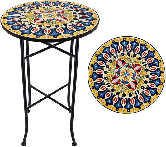14 Inch Mosaic Patio Side Table with X-Straight Legs, Indoor Outdoor Accent Round End Table with Ceramic Tile Tops for Yard, Garden, Living Room, Bistro, A - Grand Mandala