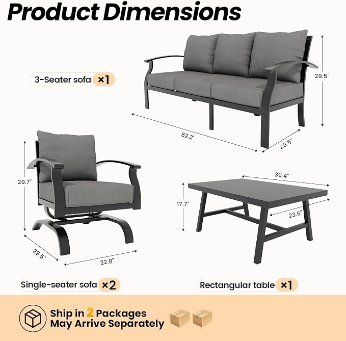Gotland Metal Outdoor Patio Furniture Set with Coffee Table, 4 Piece Patio Conversation Set with Washable Cushion Covers, Metal Frame Sectional Sofa Furniture Set for Porch, Balcony, Deck, Yard