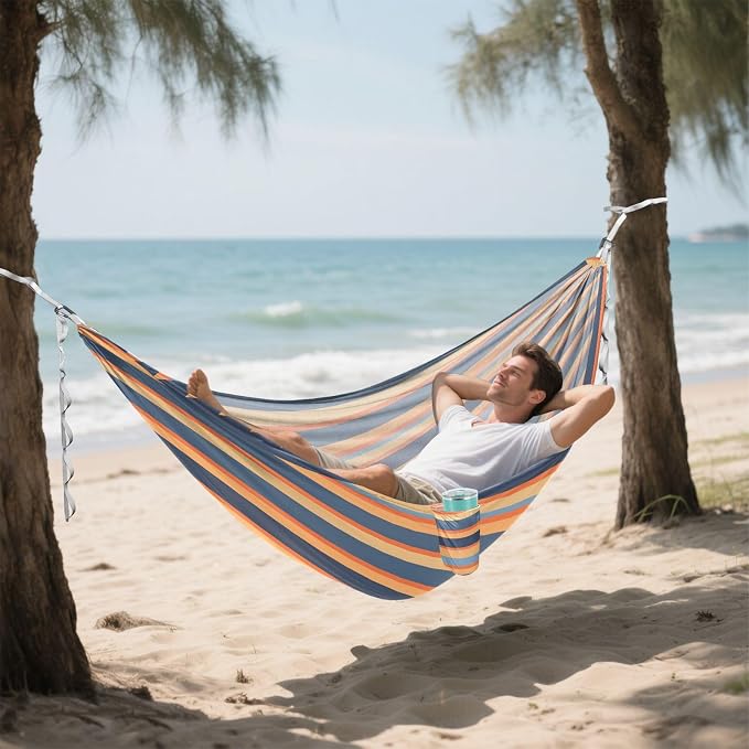 Camping Hammock Outdoor Hammocks for Outside Stripe Blue Orange Beach Trees Portable Lightweight with Pockets Tree Straps Indoor