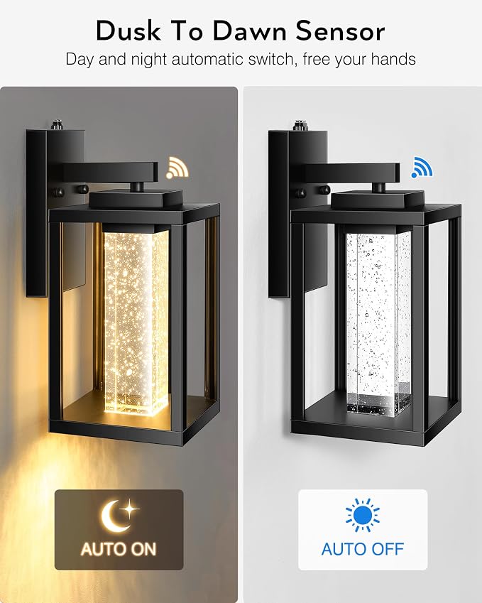VIANIS Black Exterior Lighting Fixtures Wall Mount for House, 2 Pack Dusk to Dawn Outdoor Porch Light with Integrated 10W LED Light Source Crystal Bubble Glass, Anti-Rust Exterior Wall Sconce Lantern