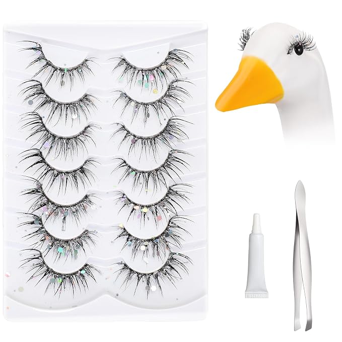 Geelin 7 Pcs Porch Goose Outfit Eyelash for 23/17'' Plastic Lawn Goose Statue Reusable Mink Fake Lashes End 3D Salon Eyelashes for Lawn Patio Art Decoration(Glitter,Black)