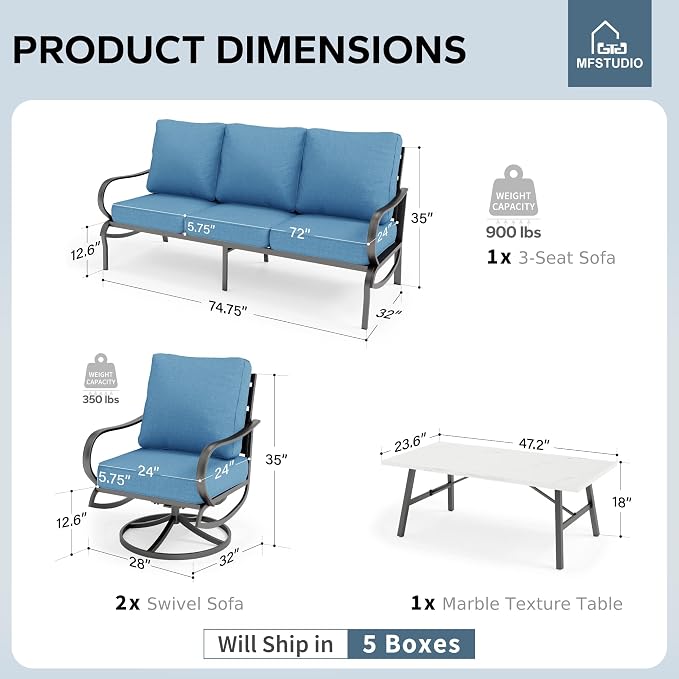 MFSTUDIO 4 Pieces Patio Conversation Sets(5 Seat),Outdoor Metal Furniture Sofas with 1 Loveseat(3 Seat), 2 Swivel Chairs,1 Coffee Table,Wrought Iron with Navy Cushion for Patio Courtyard Balcony