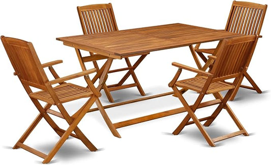 East West Furniture AECM5CANA 5 Piece Outdoor Patio Dining Sets Includes a Rectangle Acacia Wood Table and 4 Folding Arm Chairs, 36x60 Inch, Natural Oil