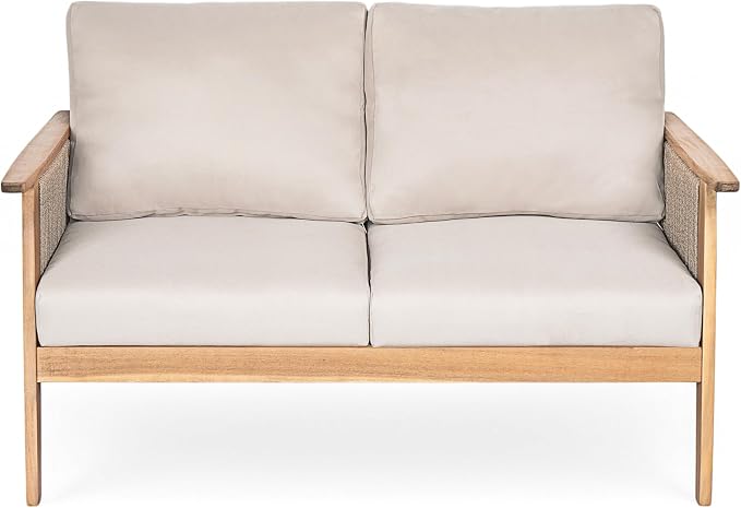 Christopher Knight Home Lorna 4-Seater Patio Furniture Set with Removable Cushion, 4 Piece Outdoor Acacia Wood Conversation Set, Sold Wood Outdoor Sectional Sofa Set with Coffee Table, Teak+Beige