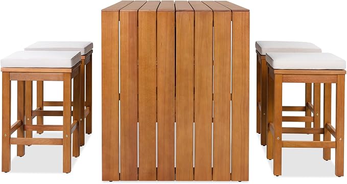 VilroCaz 5-Pieces Outdoor Patio Counter Height Dining Set, All-Weather Acacia Wood Bar Set with 4 Stools and Cushions for Backyard, Poolside, Balcony