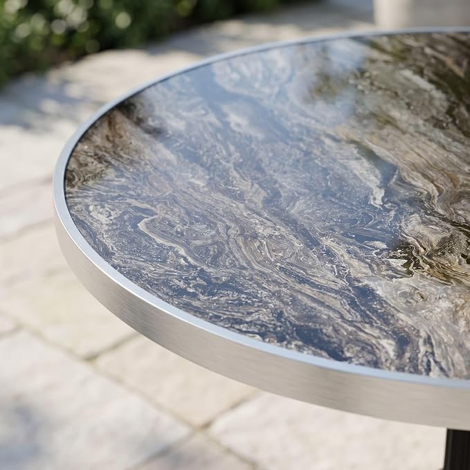 31.5 Inch Round Outdoor Patio Dining Table, Sintered Stone Bistro Table with Cast Iron Pedestal Base for Balcony Garden Poolside Cafe, Seats 2 to 4, Charcoal Marble