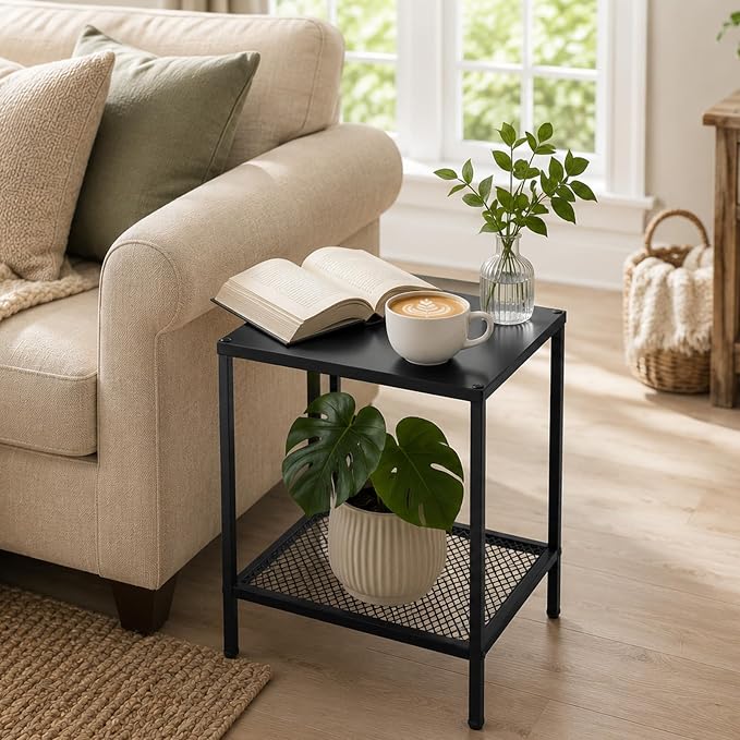 2-Tier Metal Side Table Small Rectangle End Table with Storage Shelf Indoor Outdoor Accent Table Small Space Nightstand Plant Stand for Living Room Bedroom Patio Balcony, Black