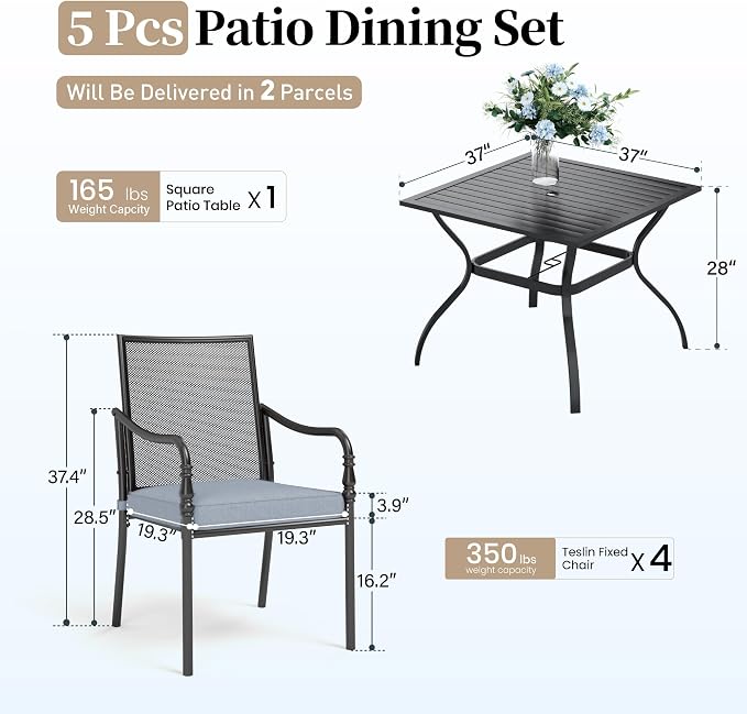SUNSHINE VALLEY Patio Table and Chairs Set of 4, All-Weather Breathable Metal Mesh Patio Chair with Gourd-Shaped Armrests, 37x37 Square Table with Umbrella Hole, 5 Pcs Metal Frame Patio Dining Set
