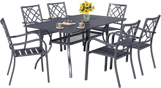 SOLAURA 7-Piece Outdoor Patio Dining Set, 6 Person Outside Table and Chairs Set, Metal Stacked Chairs of 6, Slat Table Top with 1.57" Umbrella Hole (Black)