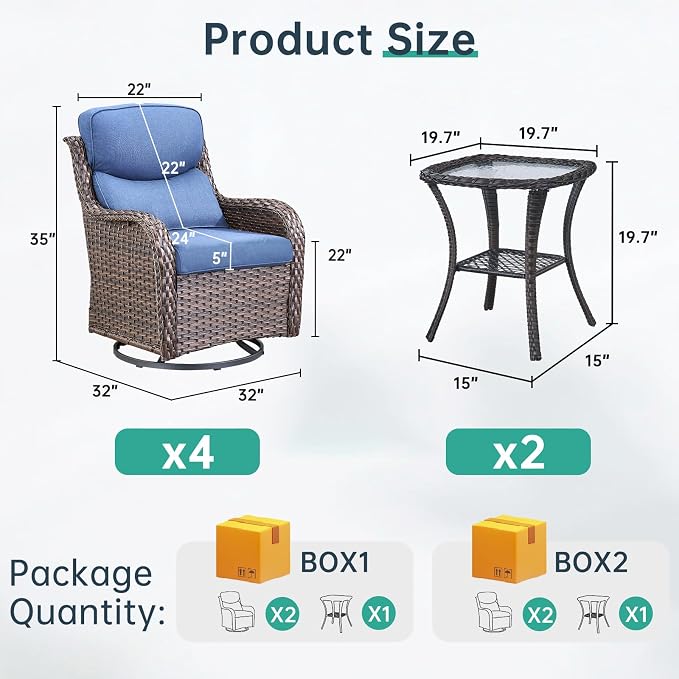 Outdoor Swivel Rocker Patio Chairs Set of 4 with Side Table - 5" Thick Cushion 6 Piece Furniture Set All Weather Comfortable Wicker Conversation Set for Porch Poolside and Deck - Brown/Blue