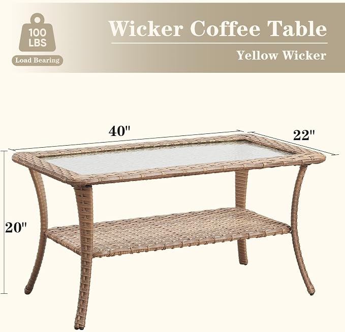 Belord Outdoor Coffee Table for Patio - 40 Inch Rattan Patio Coffee Table with 2-Layer Storage, Rectangular Tempered Glass Outdoor Wicker Table for Porch Balcony Yellow
