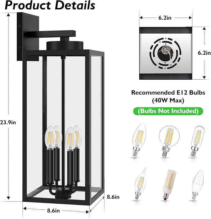 23.9" Extra Large Size Outdoor Wall Light Fixture, Exterior Lighting Fixture Porch Sconce Wall Mounted, Waterproof Outdoor Wall Lantern, Outside Light for House Patio Front Door Garage, Black | Waterproof Metal Construction, Rust-resistant, Quick & Eas...