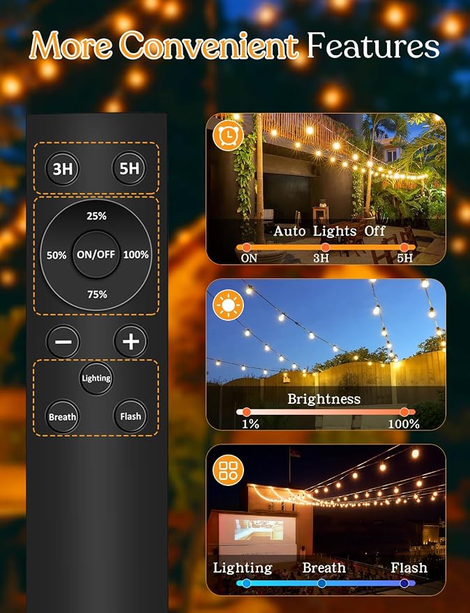 50ft Solar Outdoor String Lights with Remote - USB Rechargeable Solar Powered Outdoor Patio Lights, Larger 1.5W Solar Panel, Timer, Dimmable Shatterproof ST38 Bulbs for Backyard, Garden, Pool
