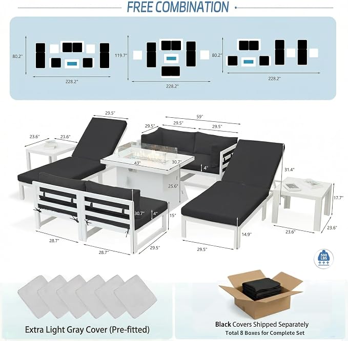 NICESOUL 9 Piece Modern Aluminum Outdoor Patio Furniture Set with Lounger & Fire Pit Table, Extra Large All-Weather Modular Sectional Couch, 29" Wide Deep Seating Conversation Sofa for Poolside, Black