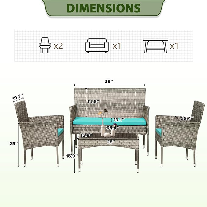 PayLessHere Outdoor Furniture Set 4 Pcs Modular Patio Furniture Set Water Resistant Conversation Set with 3 Rattan Chairs 1 Tempered Glass Topped Table for Patio Poolside, Gray Wicker/Blue Cushions