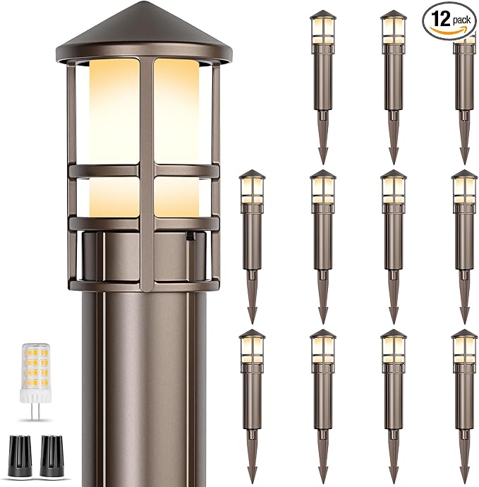 Low Voltage Landscape Pathway Lights, Replaceable G4 Bulb 12V 4W 2700K Outdoor LED Landscape Lighting, Aluminum Waterproof Walkway Lighting, Bollard Path Lights Wired, Bronze 12 Pack