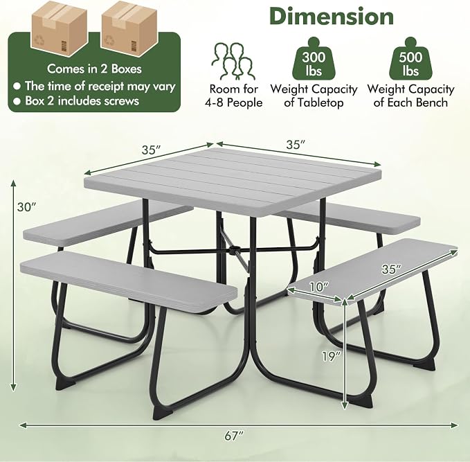 Square Picnic Table for 8 Person, Outside Table Bench Set w/ 4 Built-in Benches, Umbrella Hole, HDPE Top & Metal Frame, 2000LBS Capacity Outdoor Picnic Table for Garden, Porch, Patio (Grey)