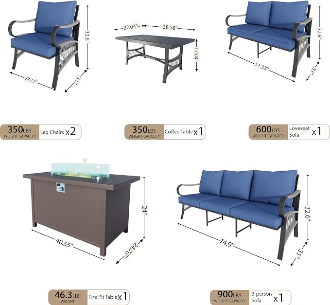 6 Pieces Modern Patio Furniture Set, All Weather Metal Outdoor Conversation Sets with Fire Pit Table for Backyard Garden Deck Porch Poolside, Blue