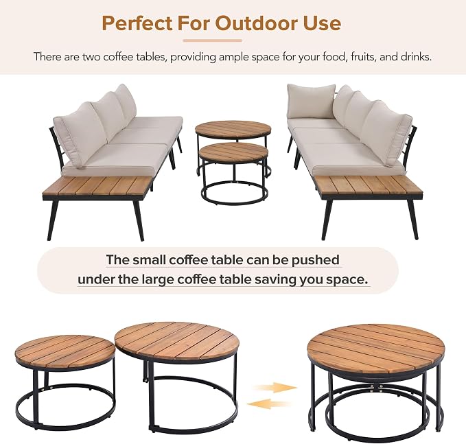 JIVOIT Outdoor Patio Sectional Sofa Set, Modern 6-Piece Conversation Set with Round Nesting Coffee Tables and Seating Sofa with Cushions for Patio, Porch and Garden (Beige * 33)