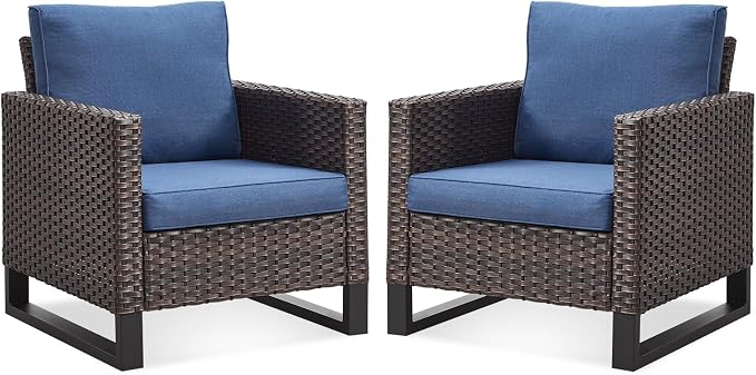 Belord Oversize Patio Chairs Set of 2 Outdoor Wicker Dining Chairs, All-Weather Rattan Patio Club Chair Furniture Sets with Water-Resistant Cushion Anti-Rust Frame Brown