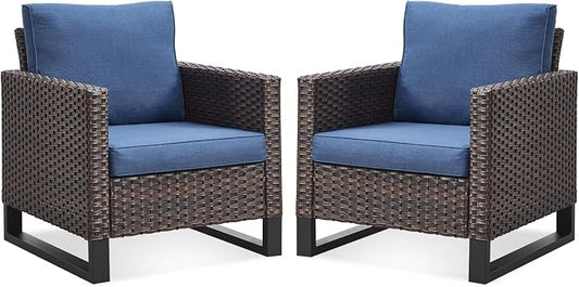 Belord Oversize Patio Chairs Set of 2 Outdoor Wicker Dining Chairs, All-Weather Rattan Patio Club Chair Furniture Sets with Water-Resistant Cushion Anti-Rust Frame Brown