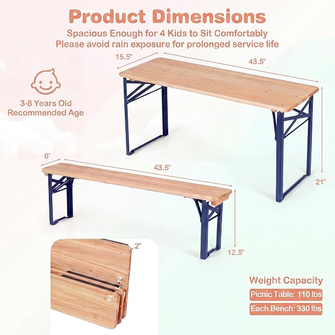 HONEY JOY Kids Picnic Table, 43.5 Inch Folding Toddler Outdoor Table & 2 Benches, Fir Wood Top & Metal Frame, No Assembly, Portable Easy to Store Camping Table and Chairs for Patio Backyard (Blue)