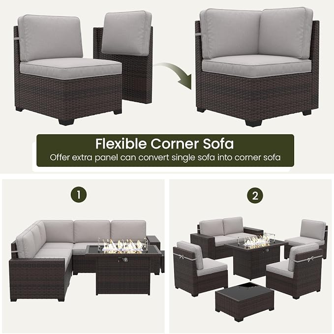 LayinSun 7 Pieces Outdoor Patio Furniture Set with 44" Fire Pit Table Brown Rattan Sectional Sofa Conversation Sets