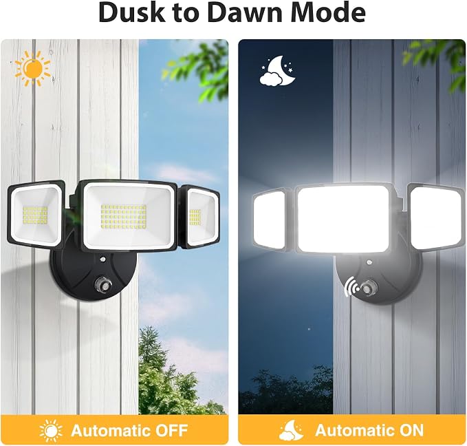 Onforu 80W Dusk to Dawn Outdoor Lighting,8000LM Black Flood Lights Outdoor,IP65 Waterproof Exterior Security LED Light,3 Adjustable Heads Photocell Light Fixture,6500K Floodlight for Garage,Patio,Yard