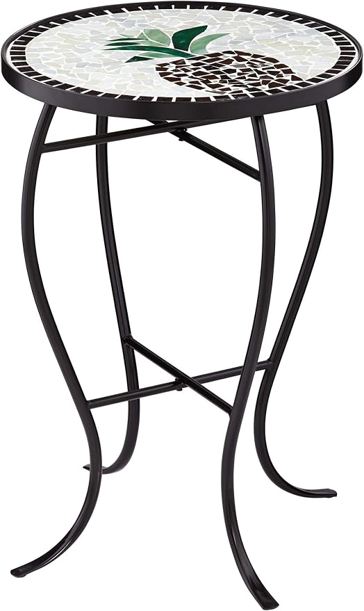Teal Island Designs Beige Pineapple Modern Black Metal Round Outdoor Accent Side Table 14" Wide Black Glass Mosaic Tabletop Gracefully Curved Legs for Front Porch Patio Home House Balcony Deck Shed
