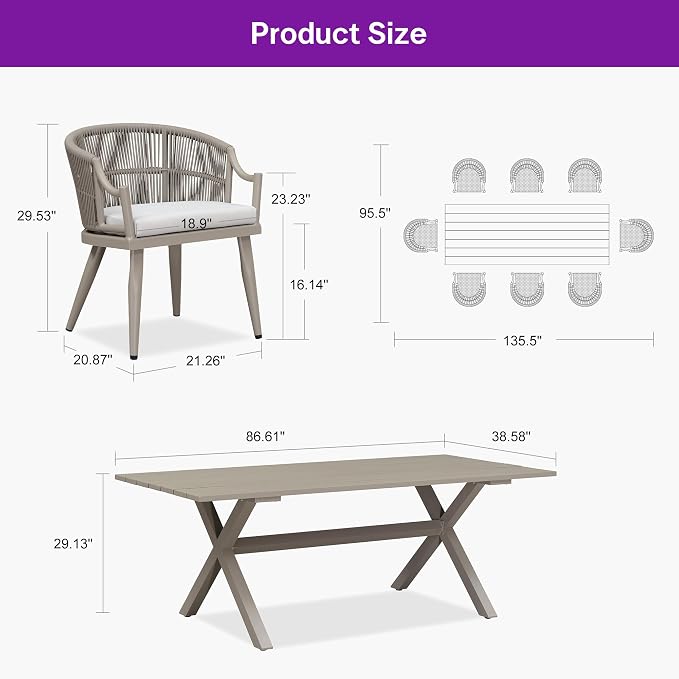 PURPLE LEAF 9 Pieces Outdoor Dining Set All Weather Wicker Patio Dining Set with Rectangular Aluminum Table and Modern Armrest Dining Chairs for Garden Deck Backyard Kitchen, Champagne