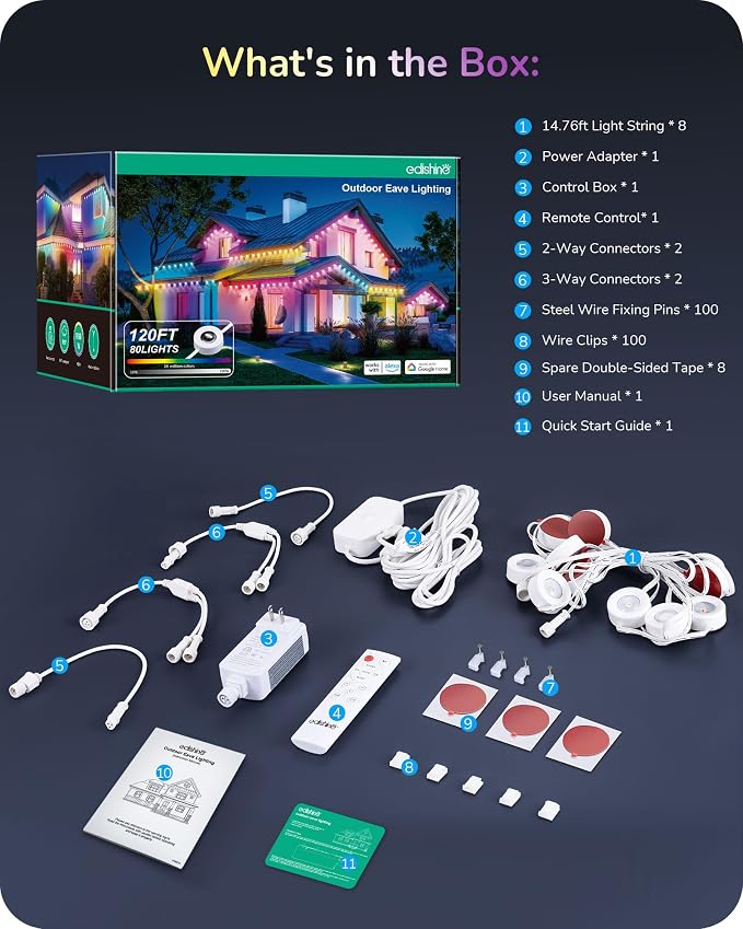 EDISHINE 120FT IP67 Waterproof Smart Outdoor Permanent Lights, RGBIC | App/Voice/Remote Control, 50 Scene Modes, LED Eave Lights, 120° Beam Angle for Daily and Festive Celebrations