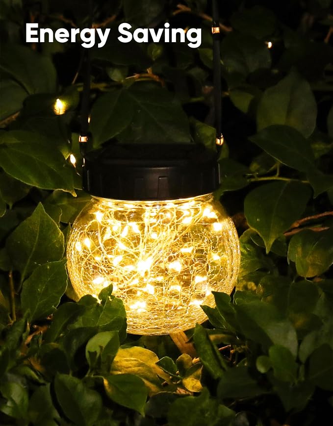 Solar Lights Outdoor Waterproof 12-Pack, Solar Powered Hanging Lantern Cracked Glass Hanging Globes for Yard Decor Christmas Decoration, Shepherd Hook, Garden Tree Ornaments, Warm White
