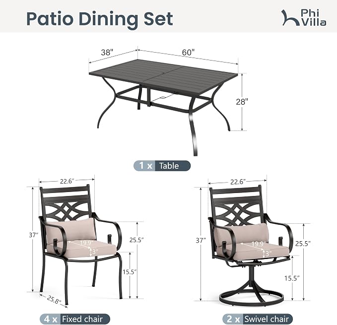 PHI VILLA 7 Piece Patio Dining Set, 2 Swivel Chairs | Metal chairs, Metal table, Beige Cushion, Cushions, E-coated