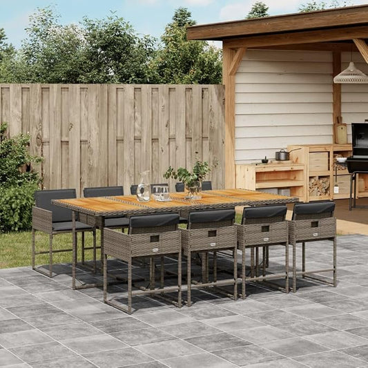 9 Piece Patio Dining Set with Cushions Gray Poly Rattan Outdoor Dining Table and 8 Folding Chairs for Backyard Garden Deck Seating UV Protected