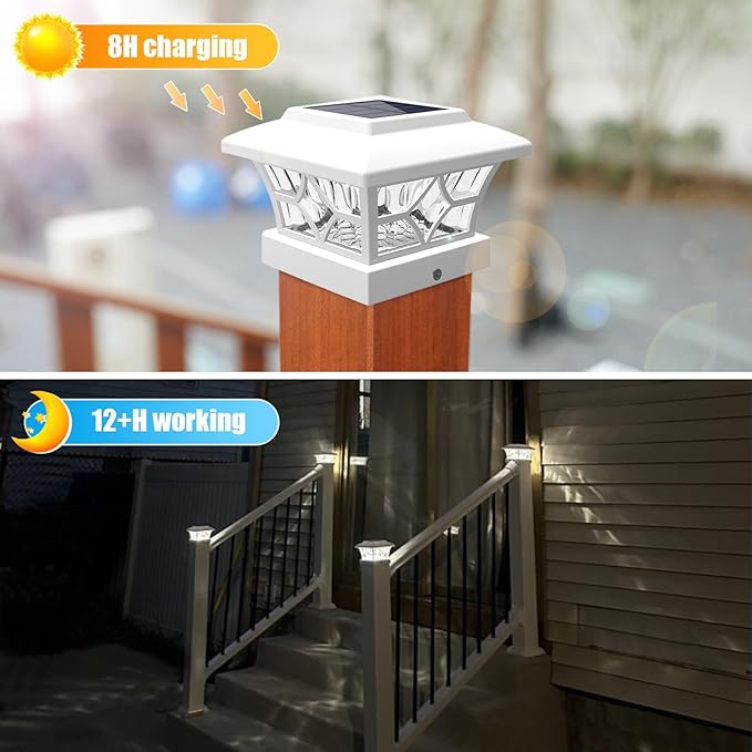 VOLISUN Solar Post Cap Lights Outdoor, Solar Powered Fence Cap Lights for 4x4 Vinyl/Wood, White Waterproof Solar Deck Post Light 4Pack Cool/Warm for Garden Patio Porch