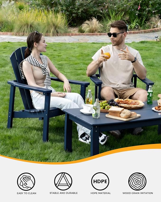 nevilywood 3-Piece HDPE Adirondack Chair Set, 2 Stackable Chairs Coffee Table, All-Weather Wood Grain, Patio Garden Backyard,Navy Blue