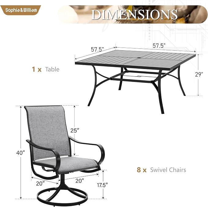 Sophia & William Outdoor Dining Set Patio Dining Sets Patio Table and Chairs Set 9 Pieces Square Outdoor Dining Table for 8 with Swivel Patio Set for Garden Pool All Weather Grey