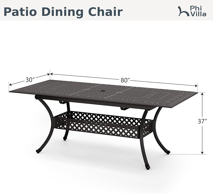 PHI VILLA 80" Outdoor Cast Aluminum Expandable Table for 6-8, Brown Rectangular Patio Dining Table with Umbrella Hole, All Weather Retro Furniture for Deck, Porch, Backyard