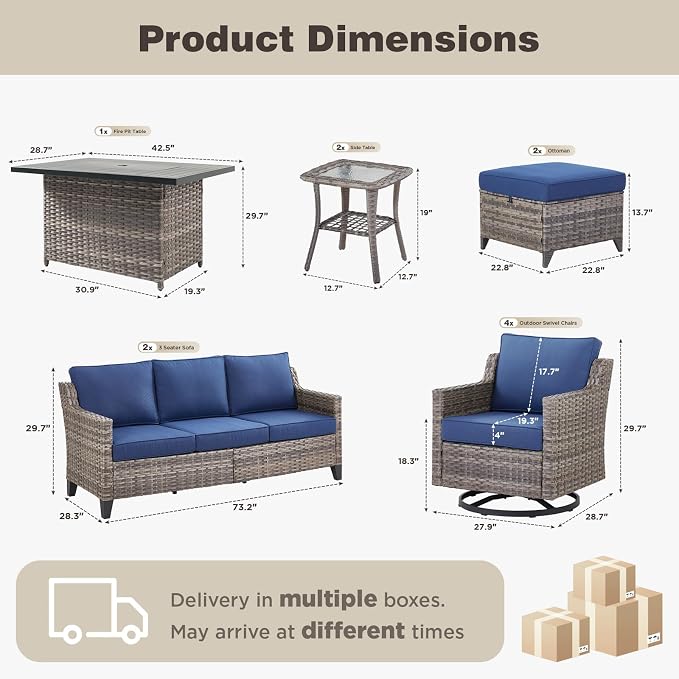 Belord Patio Wicker Swivel Rocker Patio Chairs with 3-Seater Sofa and 42.5" Fire Pit Table, Outdoor Furniture Set for Deck Porch Poolside, 11 Piece Patio Conversation Furniture Set,Blue