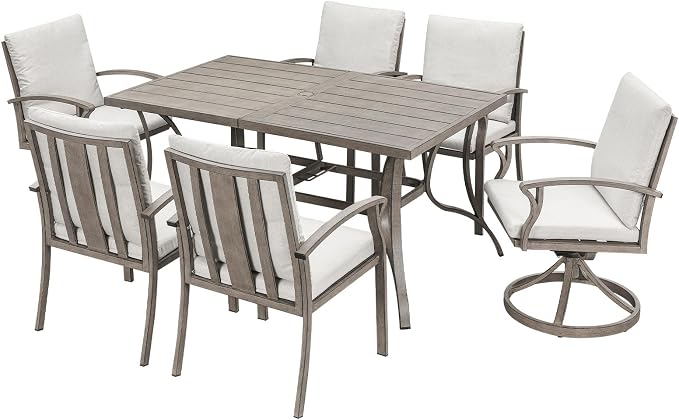 7-Piece Outdoor Dining Set, Never-Rust Aluminum Patio Dining Set, Patio Table Furniture Sets with Cushions, 4 Dining Chairs, and 2 Swivel Chairs for Deck, Garden, Backyard, Limed Oak