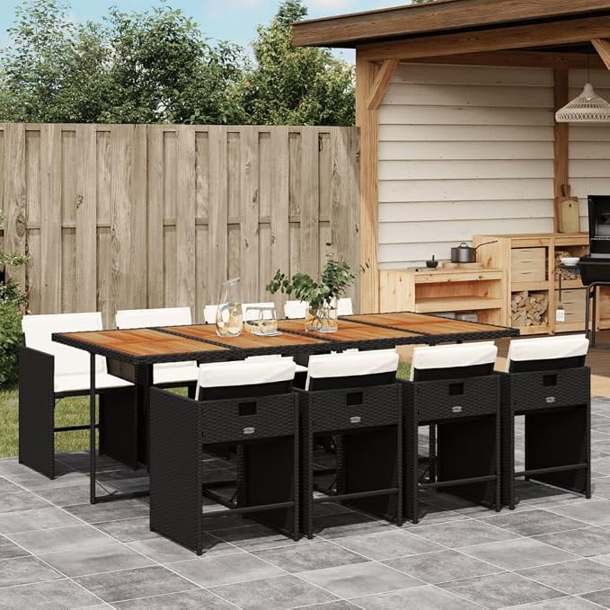 9 Piece Outdoor Dining Set with Cushions Black Poly Rattan Patio Furniture for Garden Backyard, Folding Chairs with Washable Covers, UV-Proof Rectangular Table with Acacia Wood 242. 5 lbs per Seat