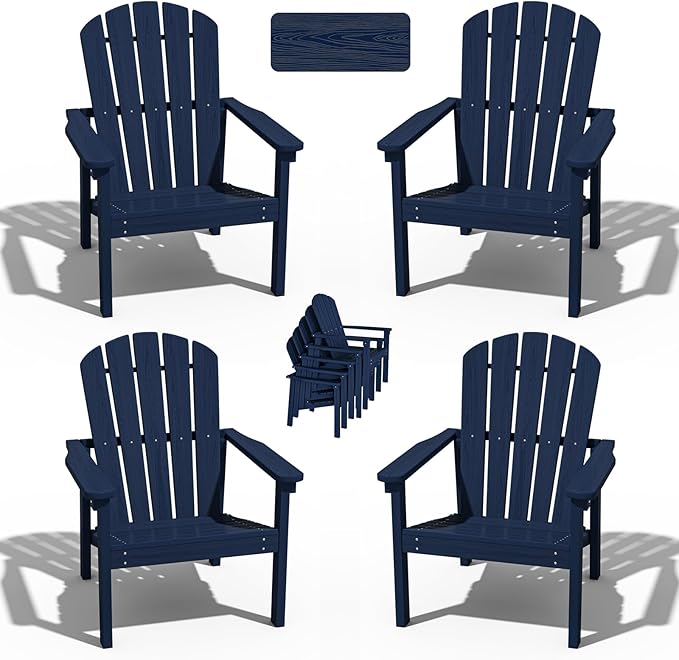 nevilywood Compact Stackable Adirondack Chairs Set of 4,HDPE,380lbs,Navy | 26.3" Wide HDPE.All-Weather Outdoor.Maintenance-Free.Stackable for Storage.25°Curved Straight Backrest.Quick Assembly