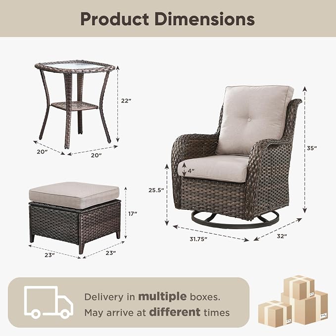 Belord 5 Piece Wicker Patio Furniture Set, Outdoor Swivel Rocker Chairs Set of 2 with Ottomans and Side Table, All Weather Patio Conversation Furniture Set, for Porch Pool, Brown Wicker/Beige