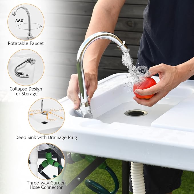 ReunionG Folding Fish Cleaning Table with Sink, Portable Camping Fillet Table with Foldable Faucet, Spray Nozzle & Drainage Hose, Heavy Duty Outdoor Fish Cleaning Station for Garden, Picnic, Patio