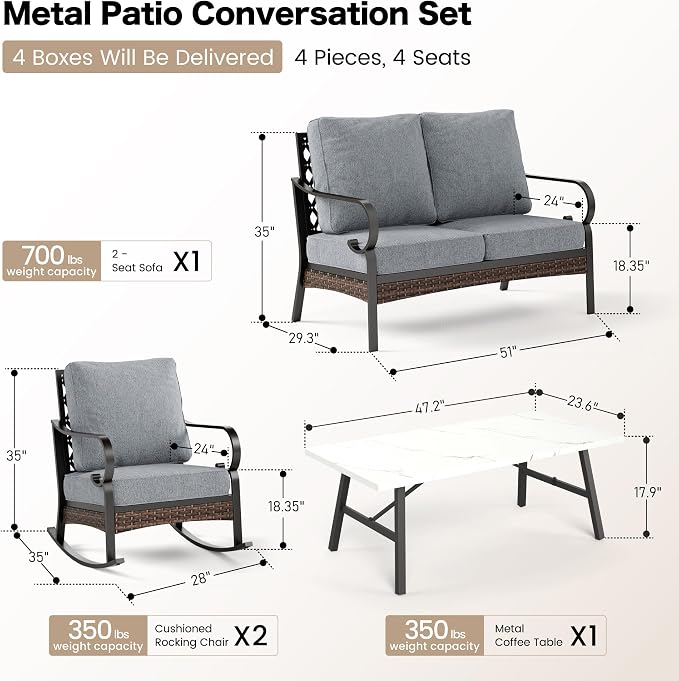 SUNSHINE VALLEY 4 Piece Metal Outdoor Patio Furniture Sets, Patio Conversation Sets 1 Loveseat, 2 Rocking Sofa with 5.75" Extra Thick Cushion and Coffee Table, Balck Frame Backyard Furniture, Gray
