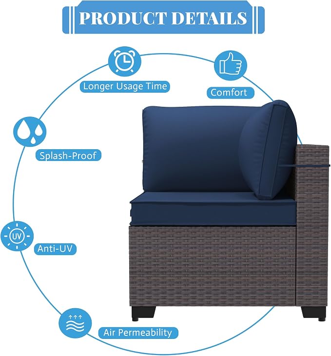 Patio Furniture Set 9 Pieces Outdoor Sectional Sofa Set,All Weather Wicker Patio Sofa PE Rattan Patio Conversation Set w/Cushions and Glass Coffee Table,Navyblue