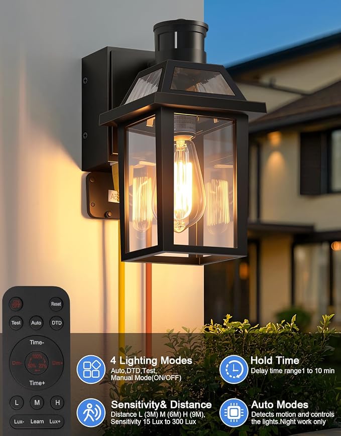Porch Light with GFCI Outlet and Remote, Motion Sensor, Black, 2 Pack | Dusk to Dawn Motion Sensor Outdoor Light 4 Lighting Modes Exterior Fixture Outside Lights for Porch Garage House