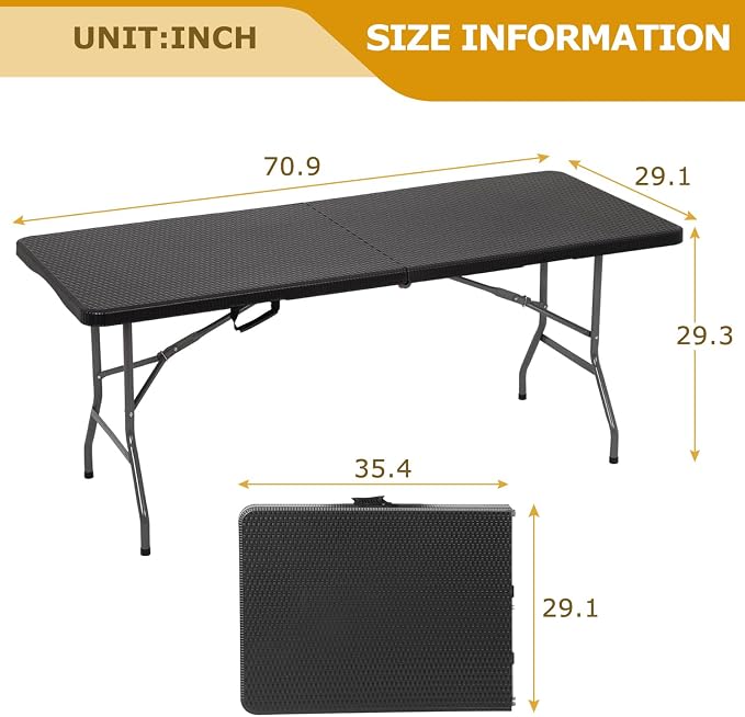 6FT Folding Table, Fold-in-Half Portable Plastic Table with Handle, Heavy Duty HDPE, 500 lbs Capacity, Waterproof & Scratch-Resistant, Locking Legs, Anti-Slip Feet for Indoor Outdoor Party Picnic