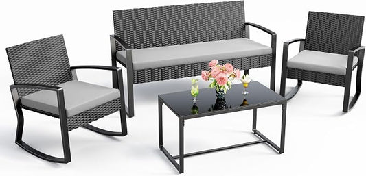 Ahomly 4 Piece Outdoor Patio Furniture Set, Wicker Patio Furniture with Glass Coffee Table, Rocking Wicker Bistro Set, for Backyard, Poolside, Porch (Grey)