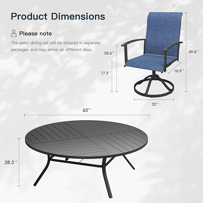 VICLLAX 9 Pieces Patio Outdoor Dining Set, 8 Swivel Textilene Chairs and 63" Round Metal Table with Umbrella Hole for Porch, Deck, Garden, Black/Dark Blue
